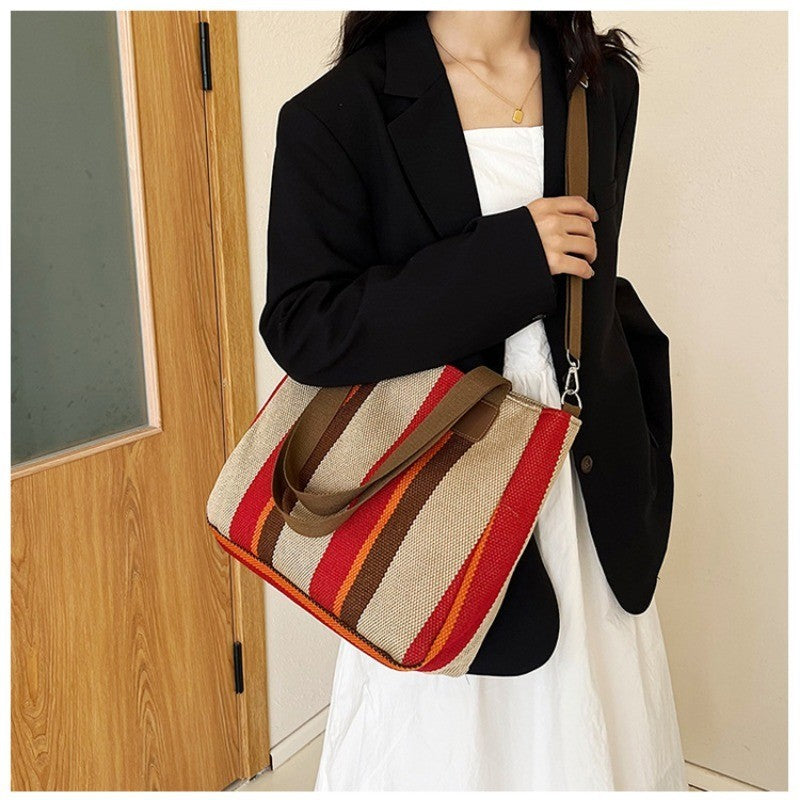 Women's Striped Canvas Tote Bag with Crossbody Strap – Beach Travel Shoulder Bag