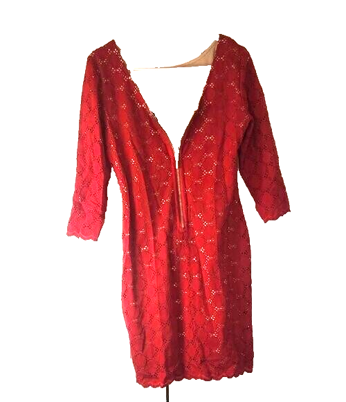 Lace Overlay  Long Sleeved Midi Dress for Women Formal Red Dresses for Ladies 