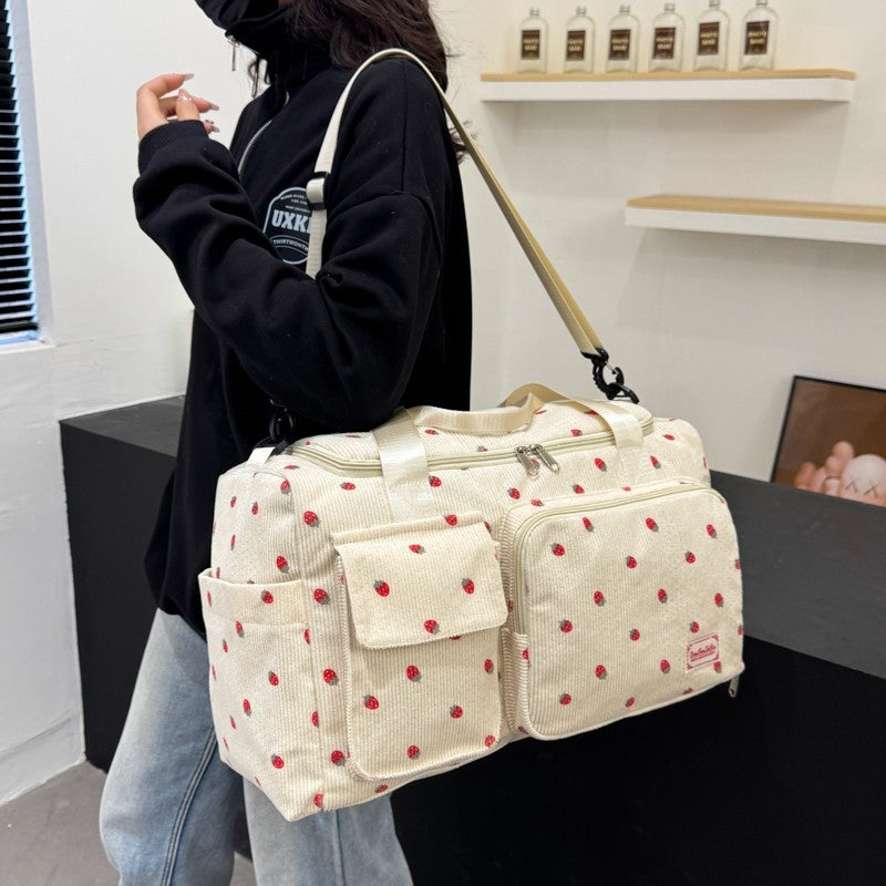 Strawberry Corduroy Travel Duffel Bag Shoe Compartment Trolley Sleeve