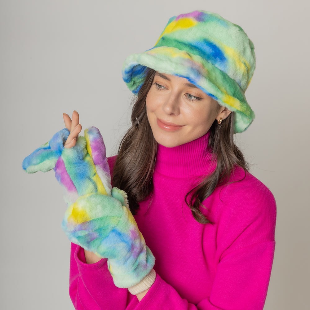 Tie Dye Faux Fur Mitten Gloves Cozy Plush Winter Mittens for Women