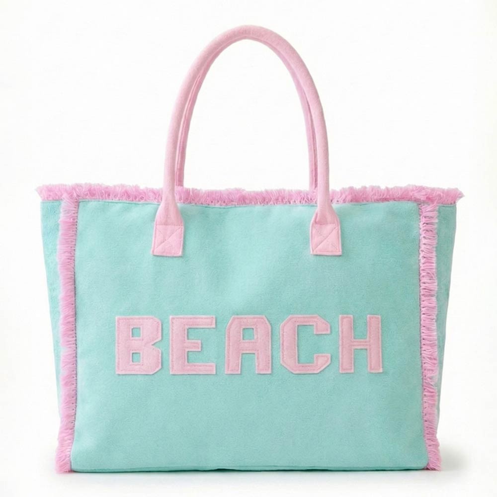 Mint and Pink Terry Cloth Beach Tote Bag with Fringed Trim and Varsity Lettering