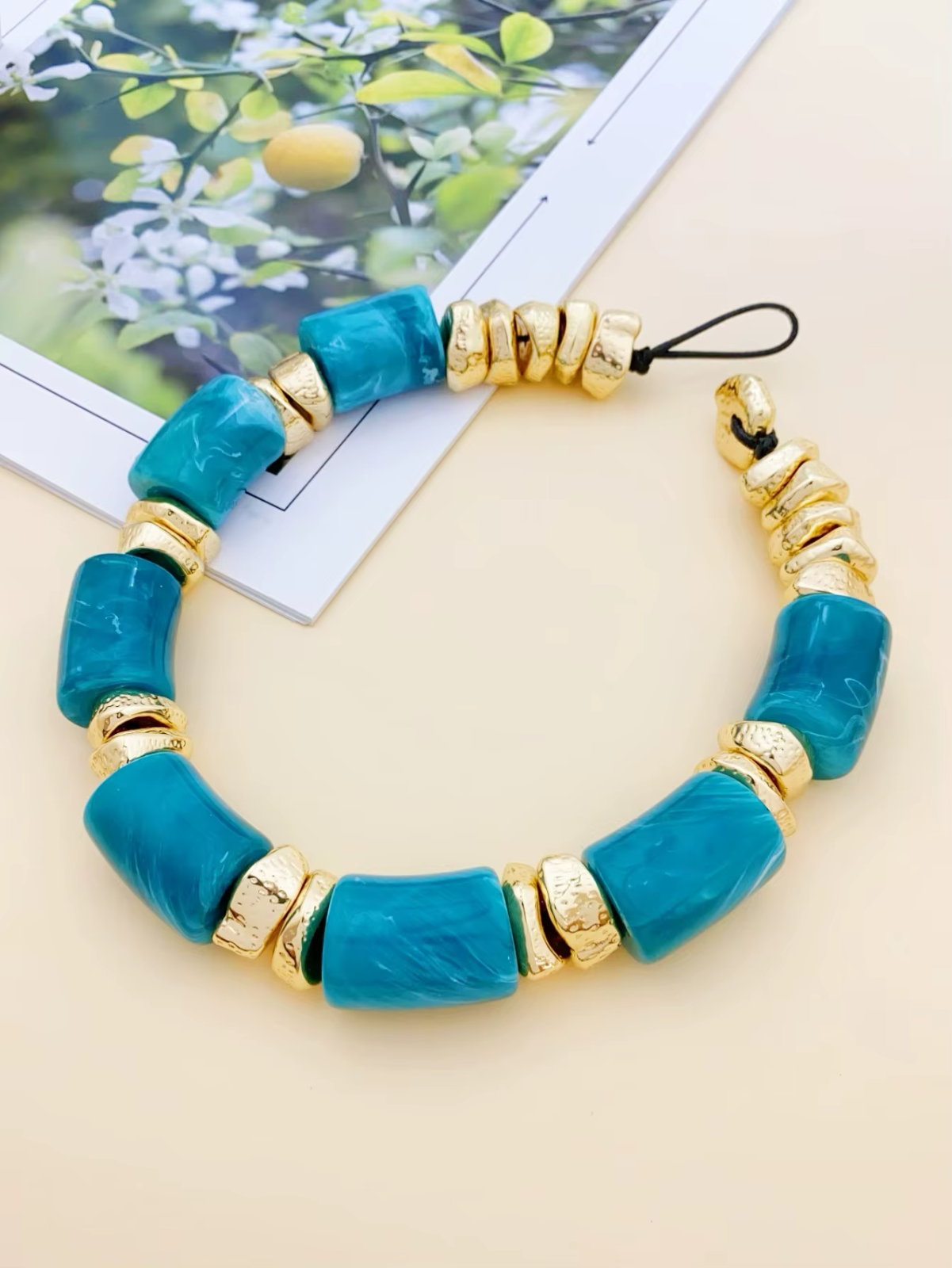 Chunky Turquoise & Gold Statement Necklace Set Boho Resin Bead Stud Earrings