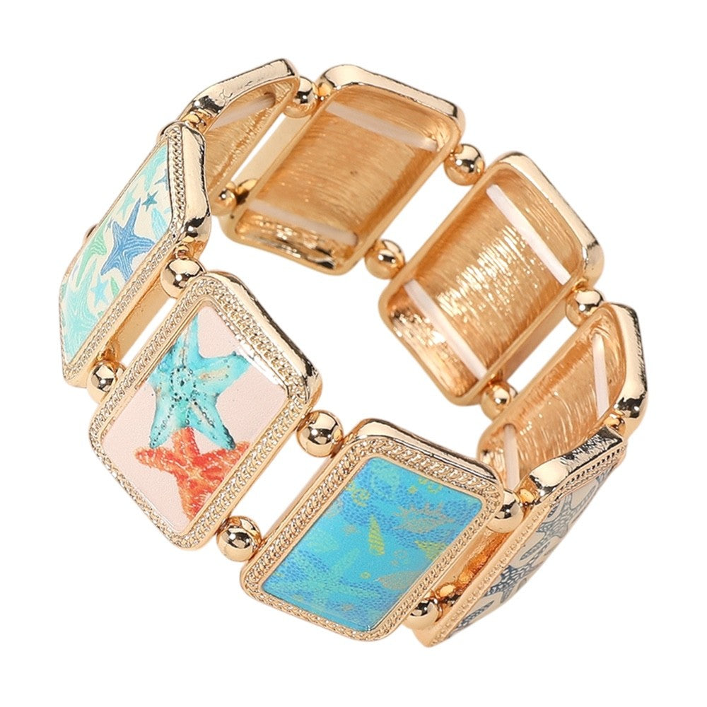 Coastal Starfish Enamel Panel Gold Stretch Bracelet - Beach Vacation Jewelry