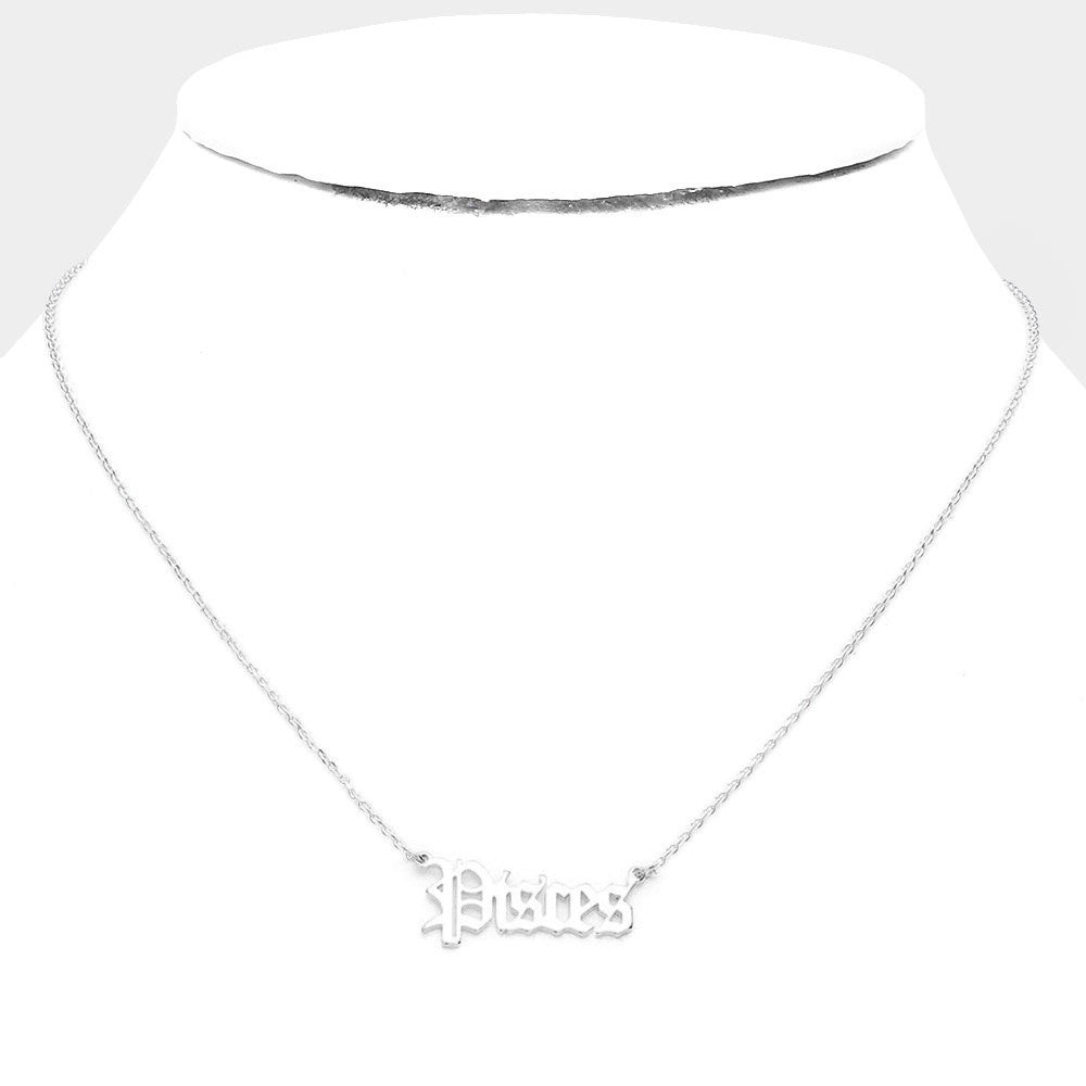 Pisces White Gold Dipped Zodiac Name Pendant Necklace for Women Silver Tone