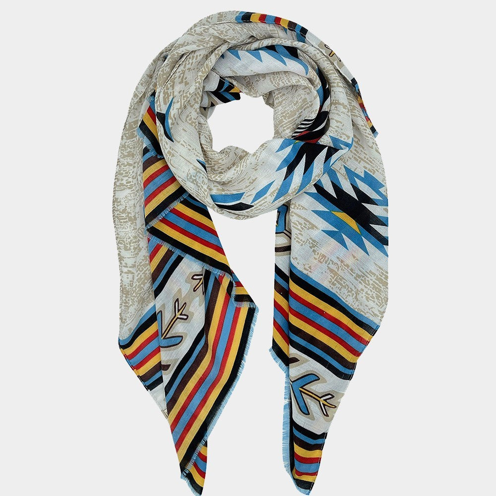 Aztec Print Soft Woven Scarf  for Ladies – Grey Tribal Pattern Wrap for Women