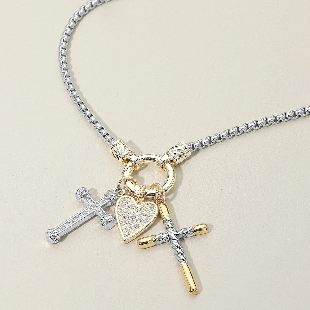 Two-Tone Pave Heart & Cross Charm Necklace Silver Gold Box Chain
