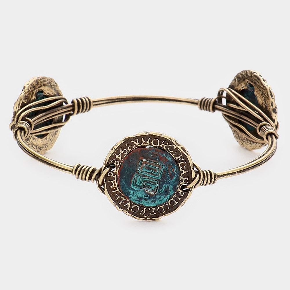 Antique Roman Coin Bangle Adjustable Brass Tone Wire-Wrapped Bracelet