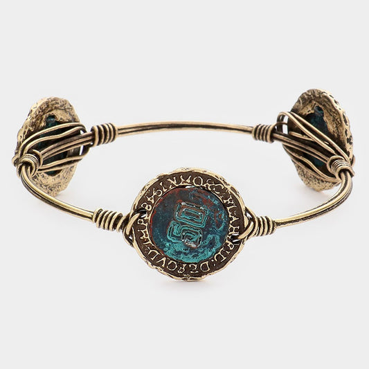 Antique Roman Coin Bangle Adjustable Brass Tone Wire-Wrapped Bracelet