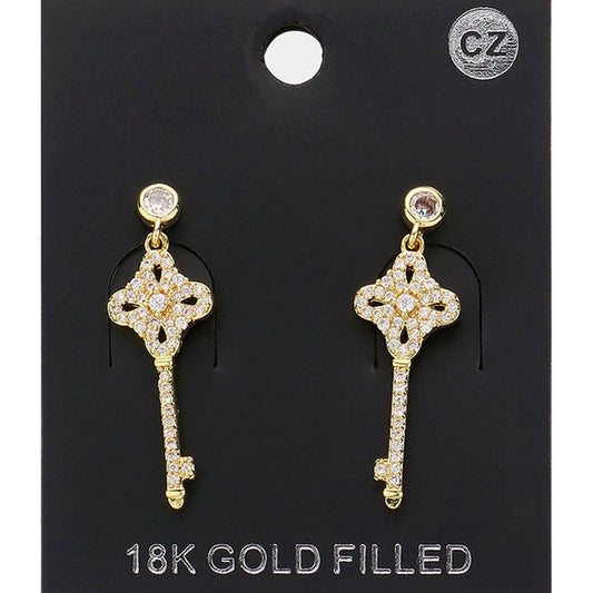 18K Gold Filled CZ Key Drop Dangle Earrings Vintage Style Post Back Jewelry