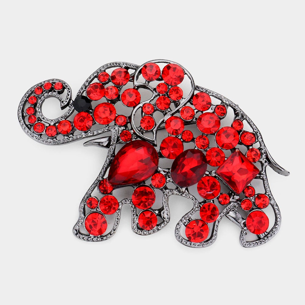 Womens Red Cubic Zircon Stone Embellished Elephant Sorority Statement Pin Brooch