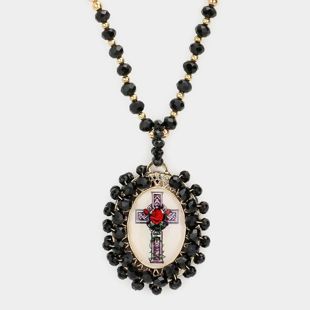 Fashion Black Crystal Rosary Necklace w/ Our Lady of Guadalupe & Rose Cross Lock