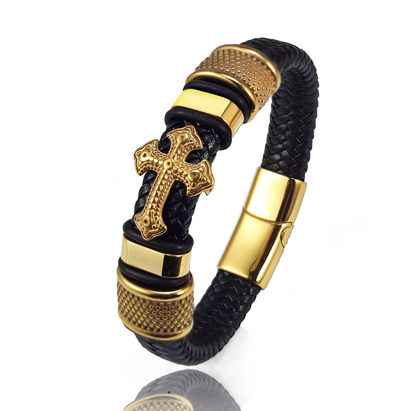 Fashion Gold-Plated Cross Leather Bracelet Unisex 7.2 inches Mens Wrap Bracelets