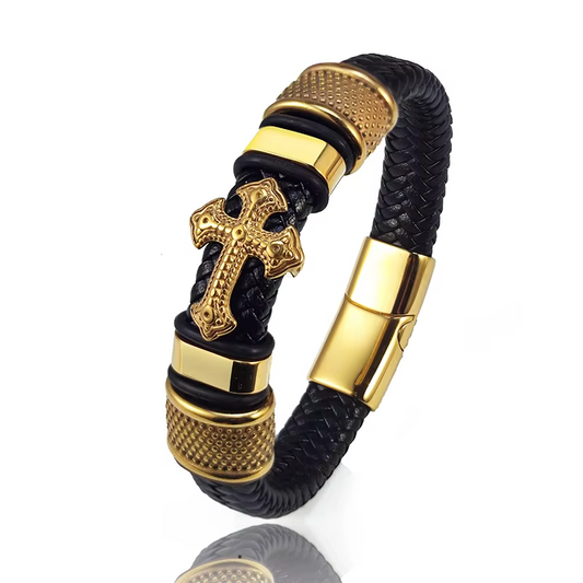 Fashion Gold-Plated Cross Leather Bracelet Unisex 7.2 inches Mens Wrap Bracelets