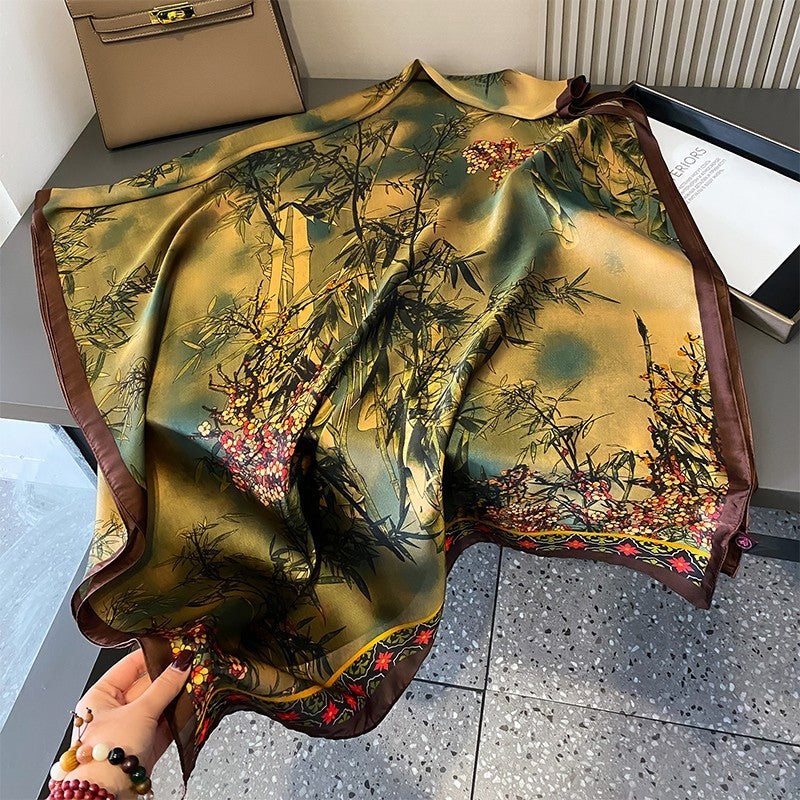 Extra Large Silk Feel Scarf Shawl Chinese Bamboo Floral Print 71 x 35 inches