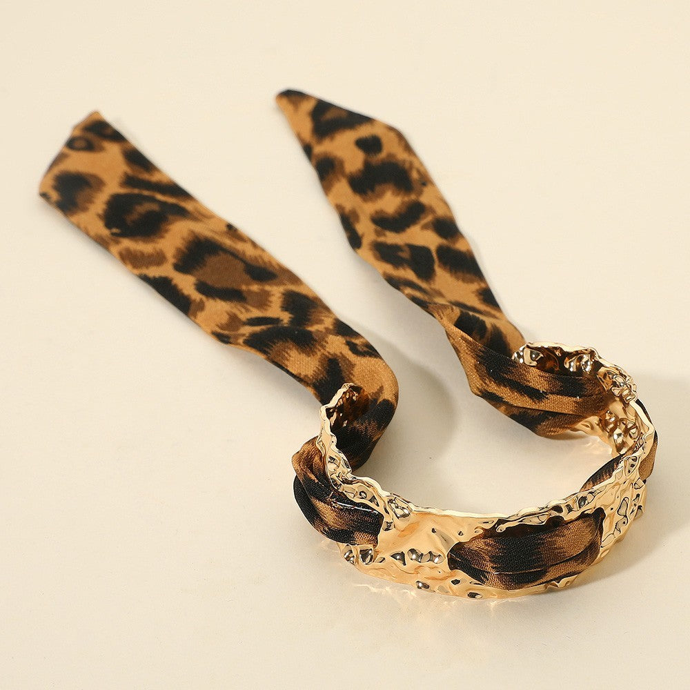 2pc Leopard Print Fabric Bow Gold Cuff Bracelet Set Adjustable Women's Jewelry