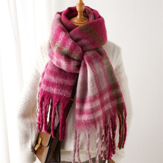 Plaid Checkered Scarf Womens Winter Warm Burgundy Gray Fringe Wrap for Women Men