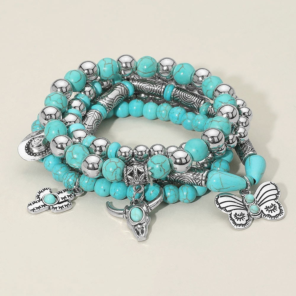 Boho Western Steer Head Charm Beaded Stretch Bracelet Multi Layered Turquoise
