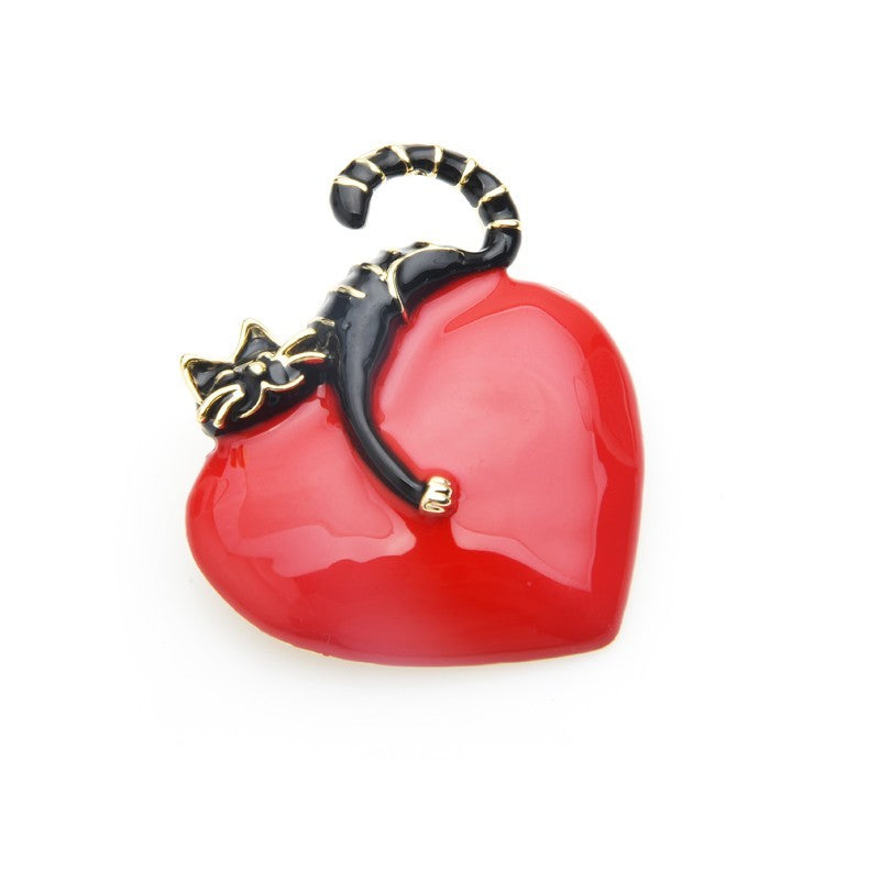 Playful Black Cat Brooch Pin - Red Heart Enamel Animal Jewelry