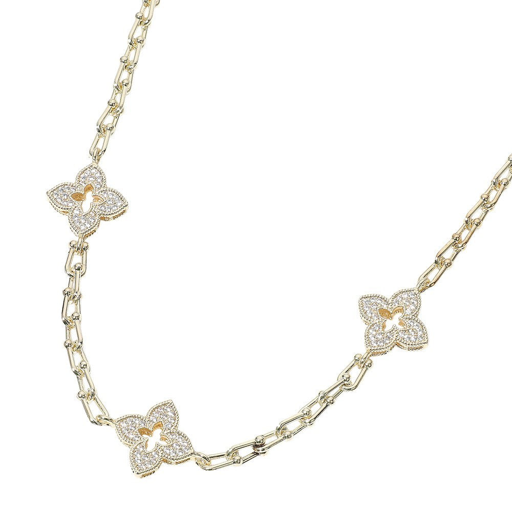 14K Gold Plated CZ Clover Station Necklace – Sparkling Dainty Chain Jewelry