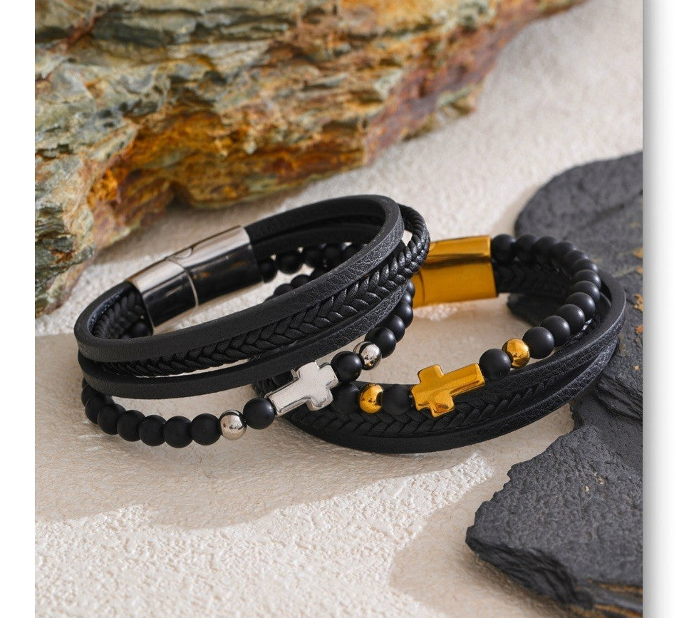 2PCS Black Leather Beaded Cross Bracelet Set Gold Silver Tone Stainless Steel