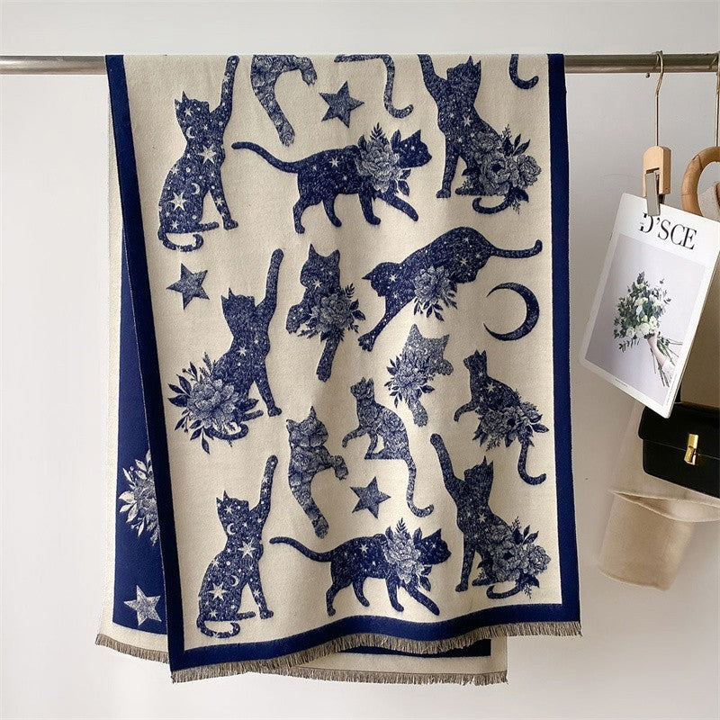 New Reversible Cat Print Shawl Scarf Cashmere Feel Polyester Navy Cream