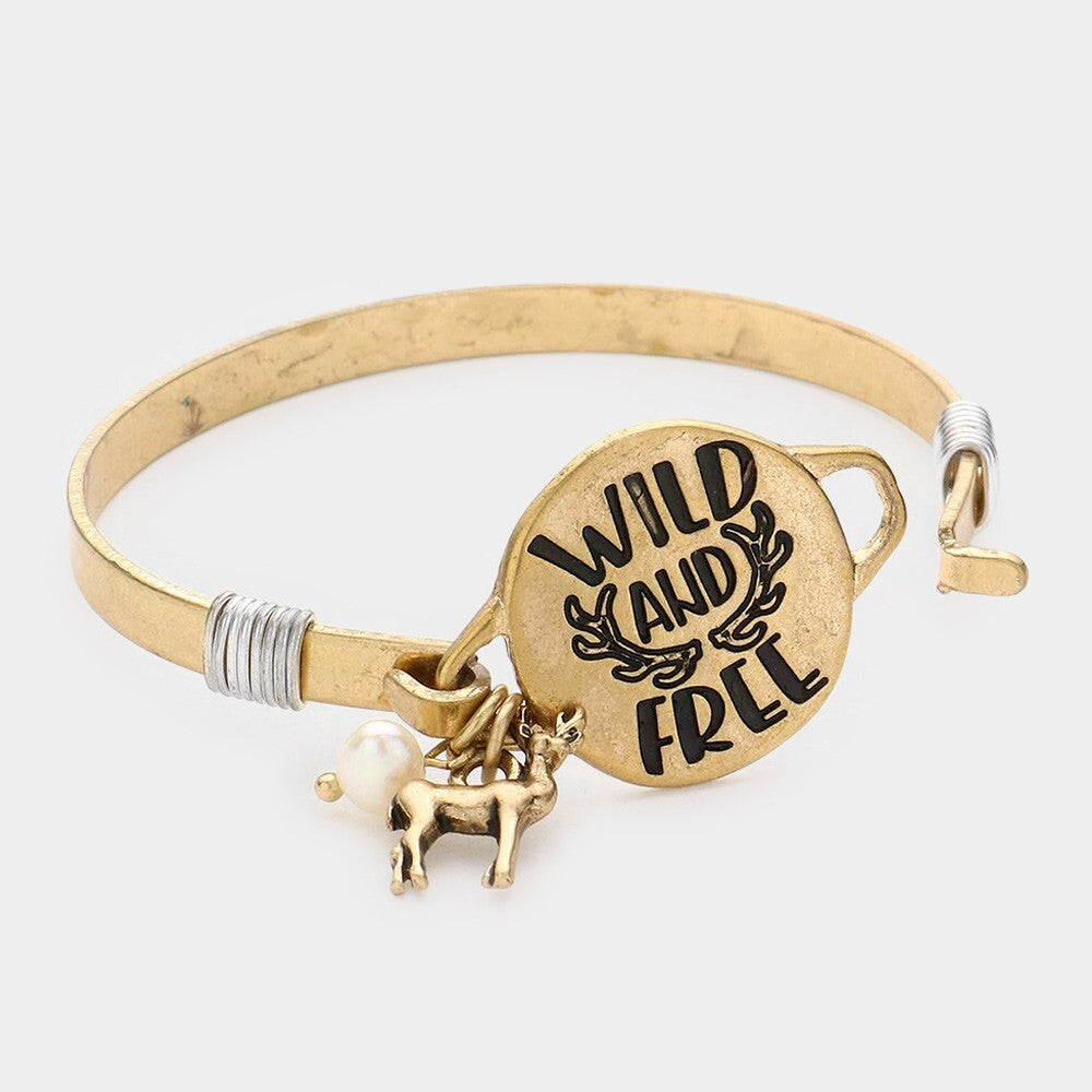 Wild and Free Deer Charm Hook Bracelet Inspirational Message Jewelry Gift