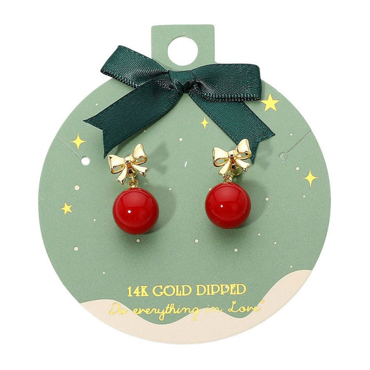 14K Gold Dipped Red Ball Drop Bow Stud Earrings Christmas Party
