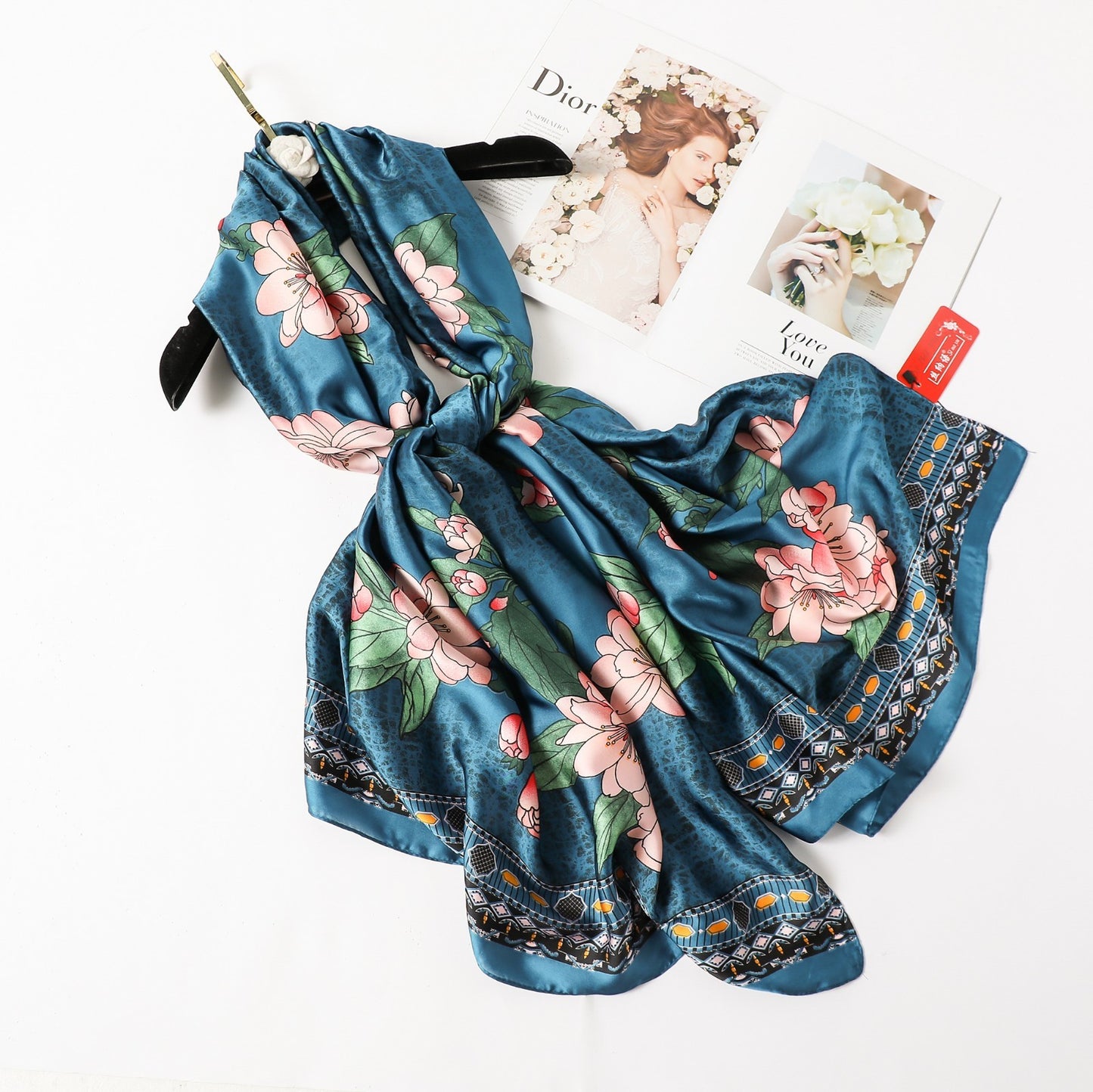 Teal Blue Floral Silk Feel Scarf Women's Large Shawl Wrap 71" x 35"