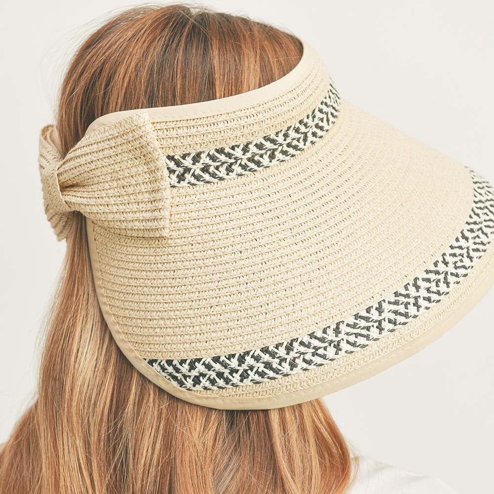 Tan Woven  Paper Straw Wide Brim Sun Visor Hat with Large Back Bow - One Size