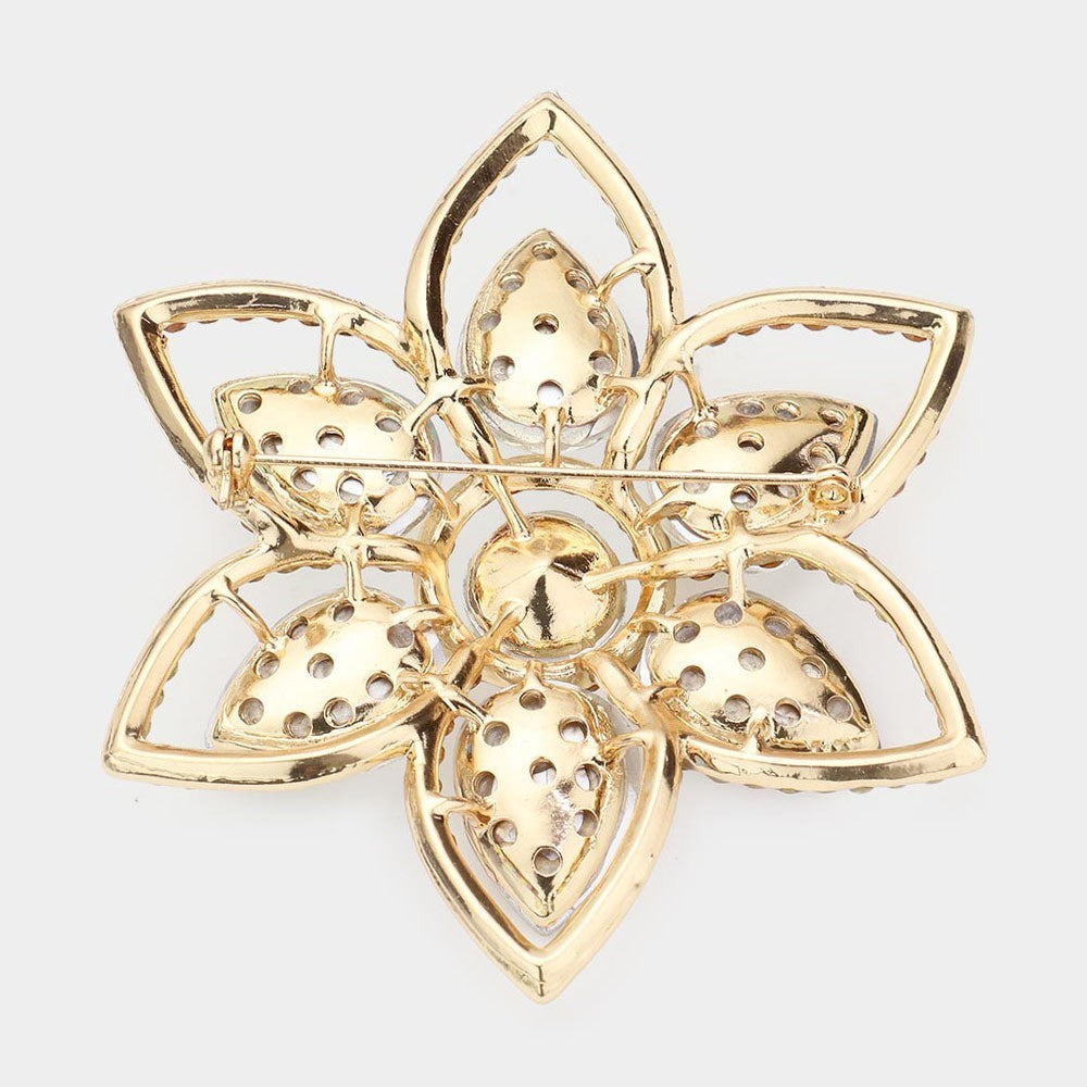 Gold Tone Pink Green Teardrop Crystal Stone Accented Flower Pin Brooch for Women