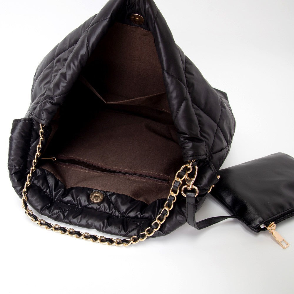 Quilted Black Puffer Tote Bag Oversized Shoulder Handbag with Chain Strap