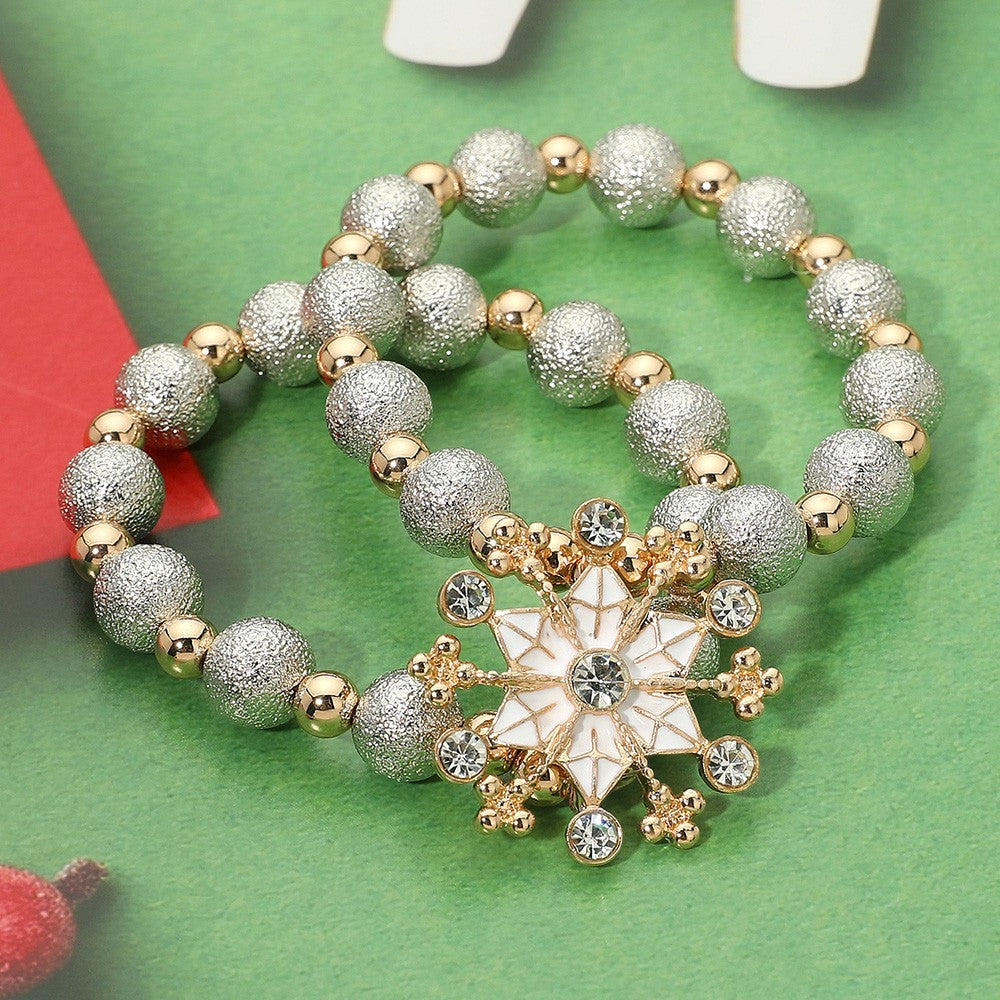 2PCS Snowflake Glitter Beaded Stretch Layered Bracelet Set for Women Gift Idea
