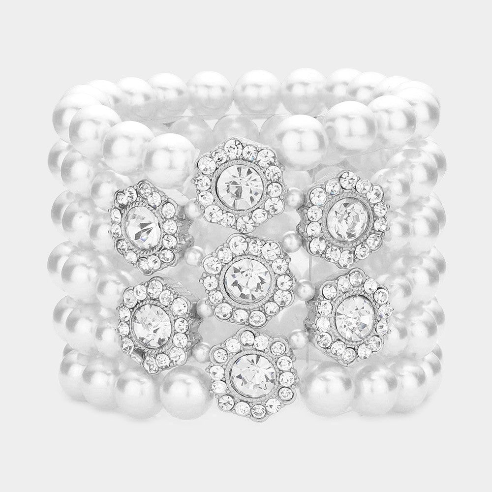 Glamorous Multi-Row Faux Pearl Stretch Cuff Bracelet with Radiant Crystal Accent