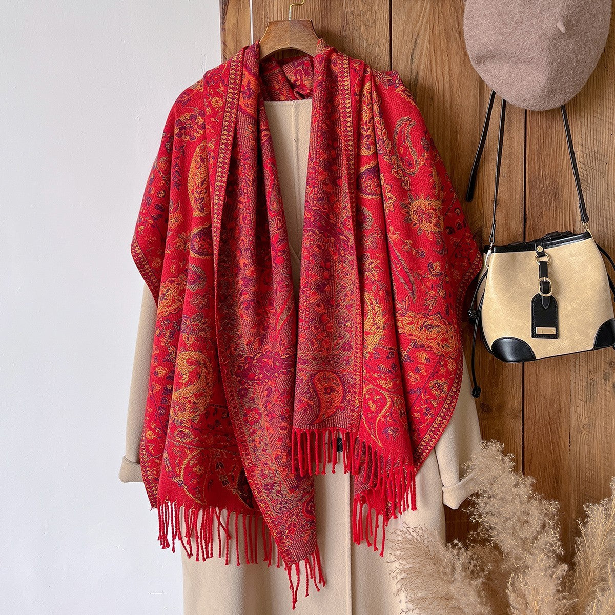 Red Paisley Pashmina Scarf Cashmere Feel Large Reversible Shawl Wrap Winter Gift