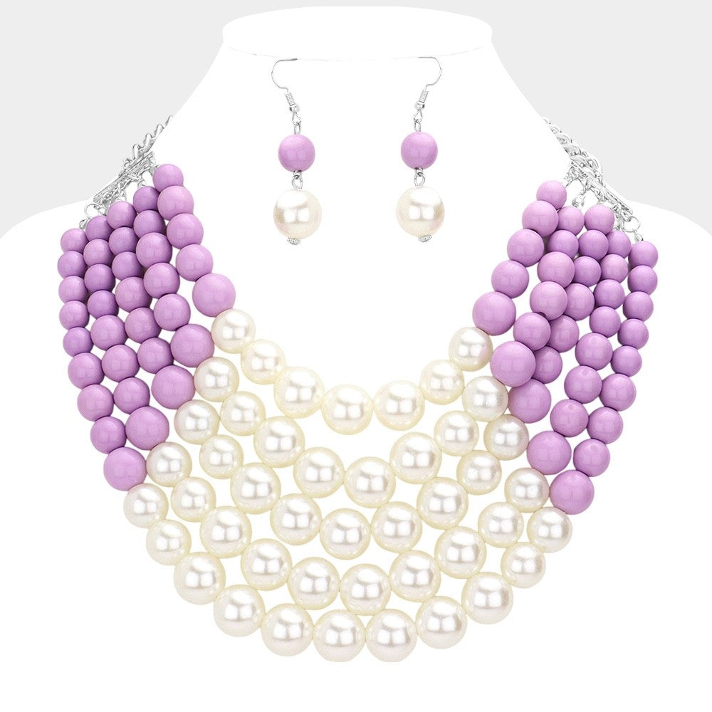 2pcs Lavender and Cream Faux Pearl Multi-Strand Statement Necklace & Earring Set