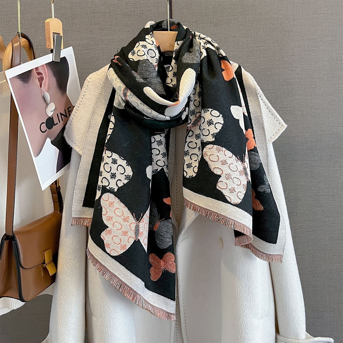 Oversized Butterfly Print Scarf Shawl Wrap | Soft Cashmere Feel Black Orange