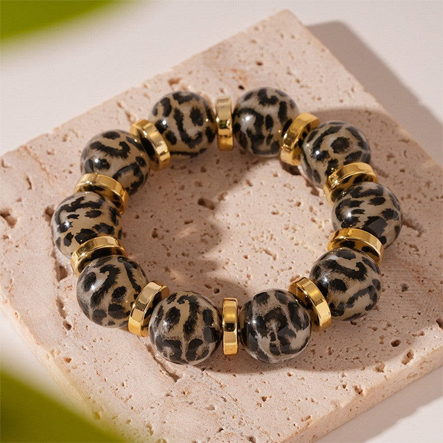 2PC Leopard Print Acrylic Beaded Bracelets Gold Spacers Set Stretch