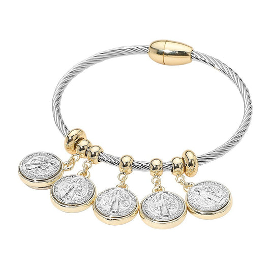 Religious Charm Bangle Bracelet Two-Tone Steel Cable Magnetic Closure