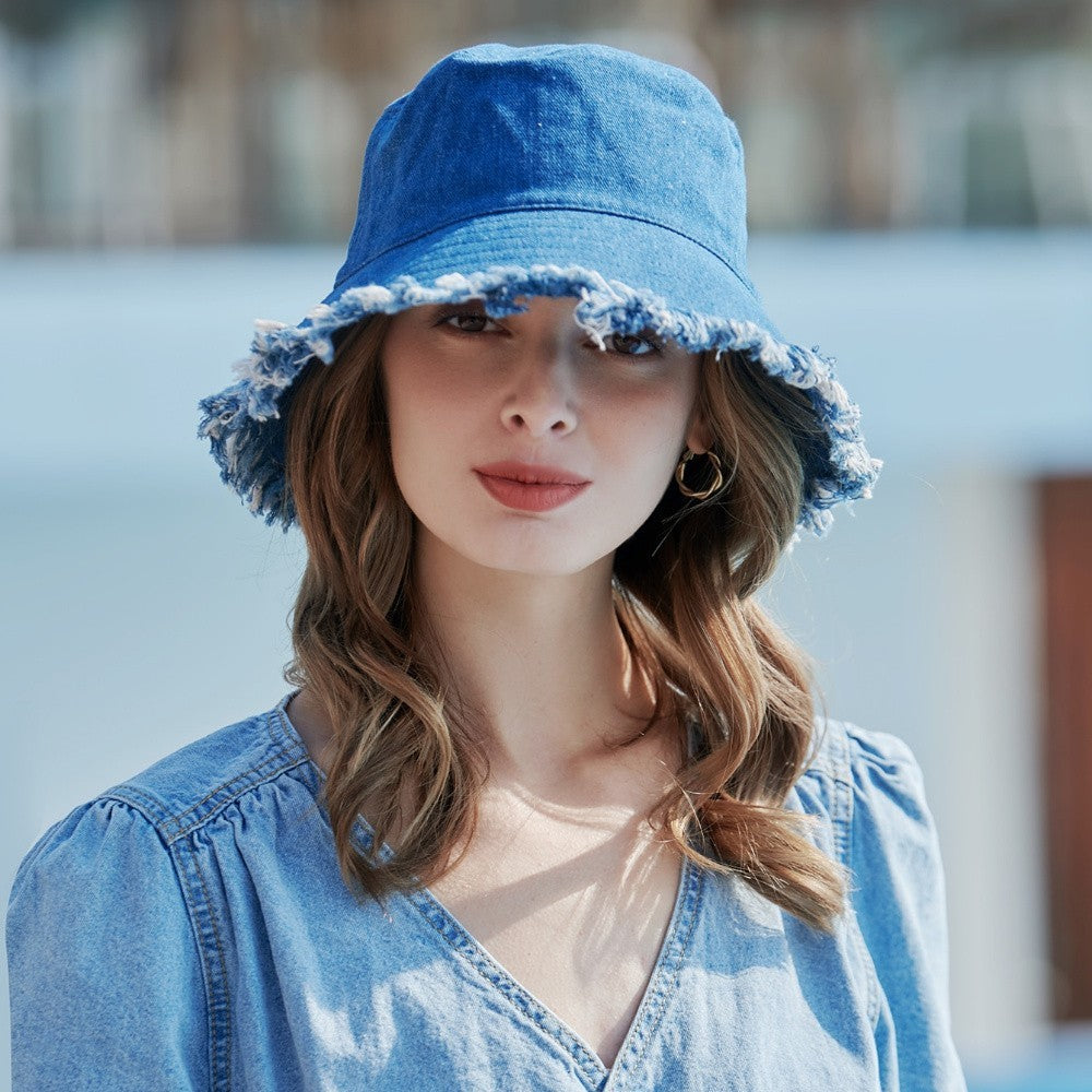 Women's Denim Bucket Hat Frayed Brim Summer Sun Cap Fisherman Blue Jeans