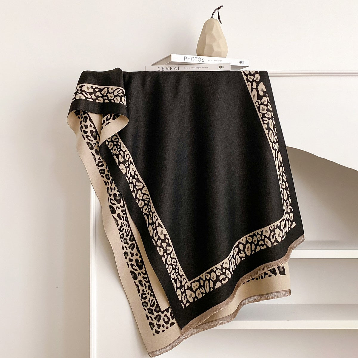 Oversized Cashmere Feel Scarf Black Beige Leopard Print Winter Wrap Gift