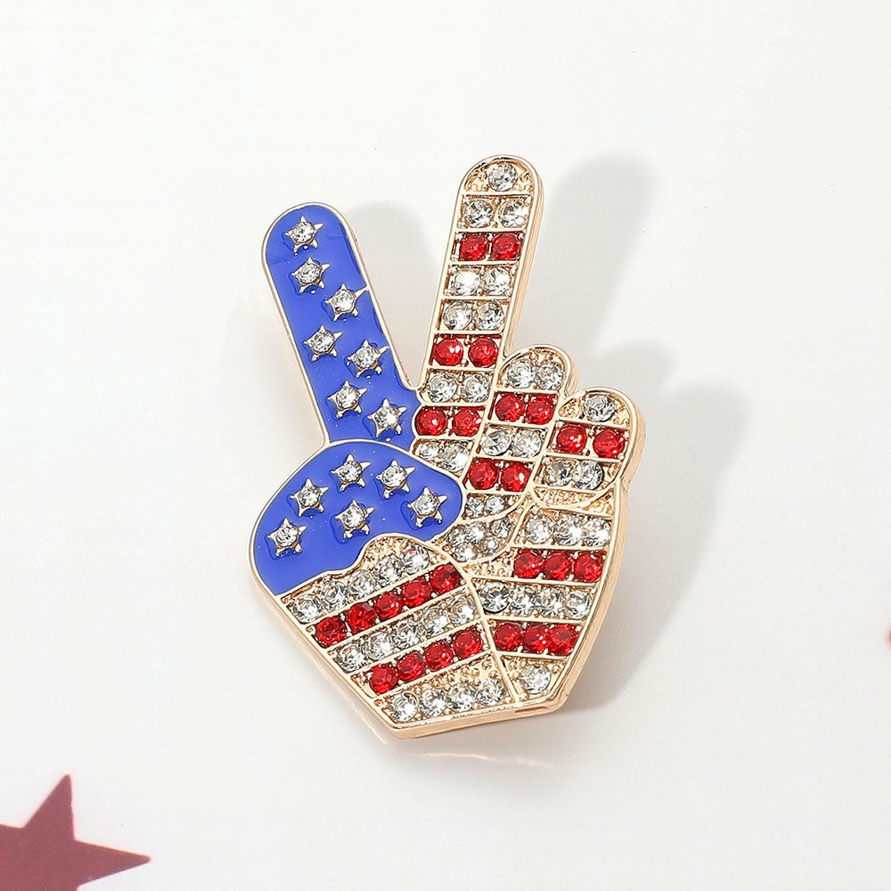 Gold Tone CZ Stone Paved American Patriotic USA Flag Peace Hand Sign Pin Brooch