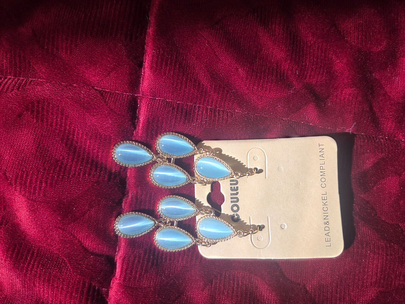 Tears of Joy Blue Cat Eye Dangle Chandelier Drop Earrings Gold Tone Hypoallergen