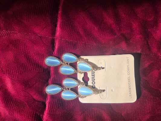 Tears of Joy Blue Cat Eye Dangle Chandelier Drop Earrings Gold Tone Hypoallergen