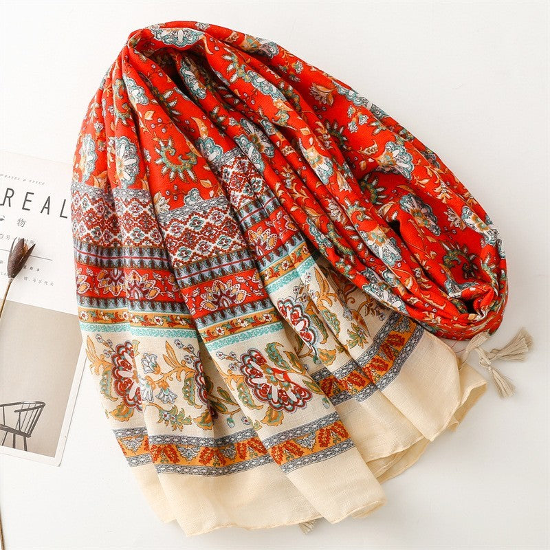 Boho Chic Floral Print Scarf for Women Soft Lightweight Cotton Tassel Wrap