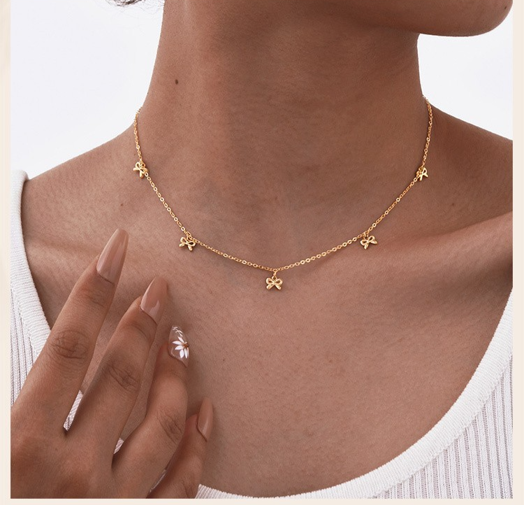 Women’s Bow Charm Necklace Stainless Steel Thin Chain Choker Jewelry Gold Tone