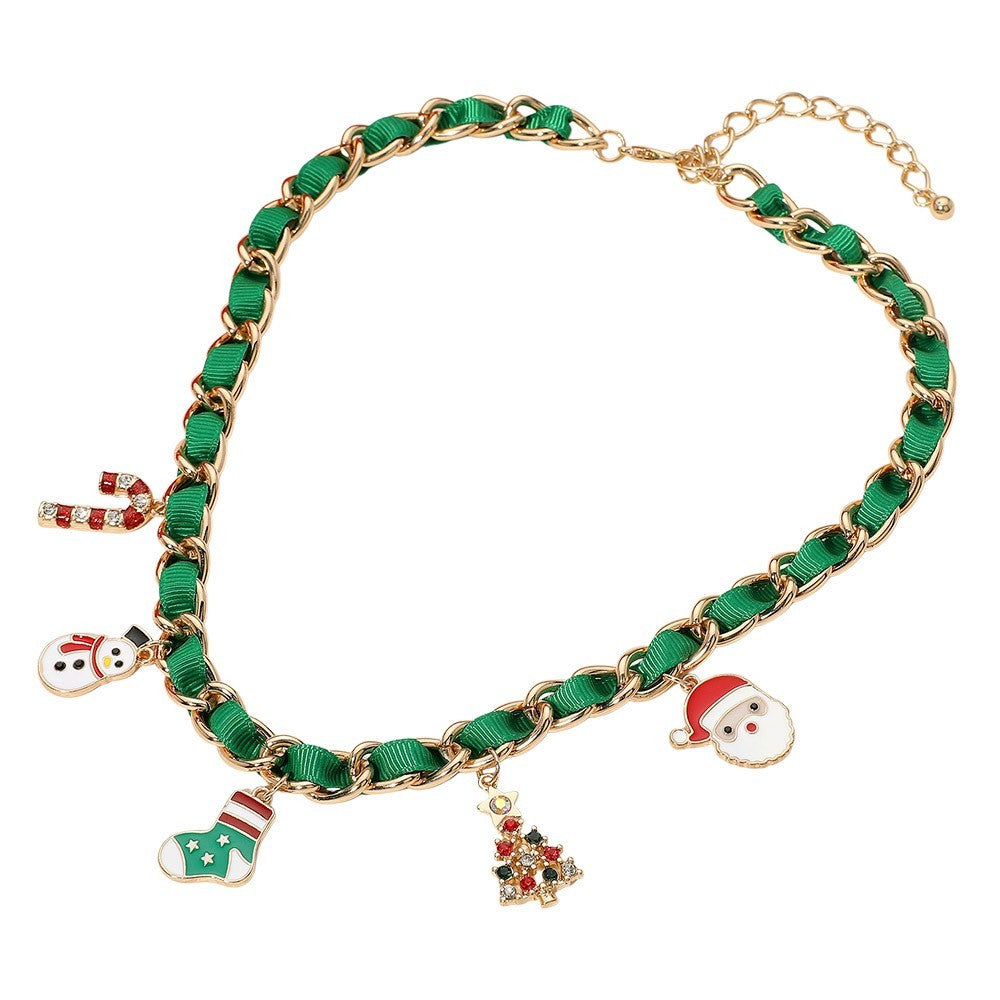 2PCS Christmas Charm Necklace Set Gold Green Chain Ribbon Holiday Jewelry Gift