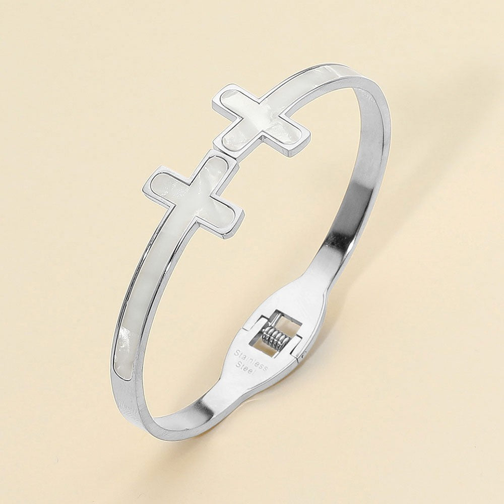 2-in-1 Gold and Silver Double Cross Mother of Pearl Hinged Bangle Set Jewelry
