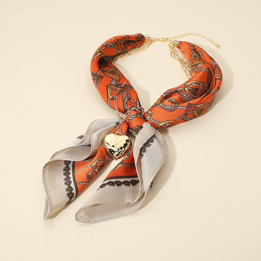 Gold Tone Hammered Metal Heart Pendant Chain Fabric Scarf Layered Necklace