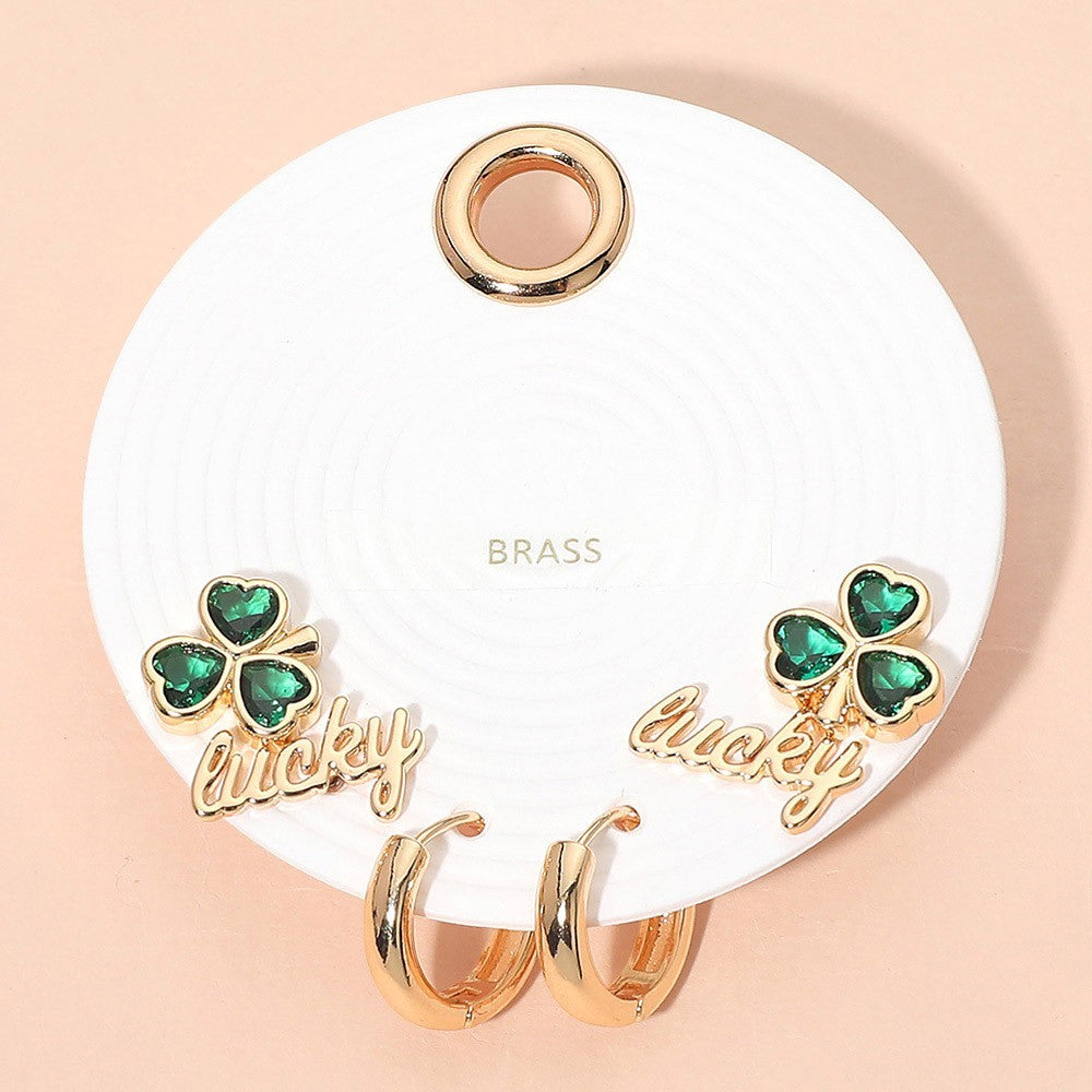 2 Pair St Patricks Day Earring Set Green Shamrock Lucky Gold Tone Brass Hoops