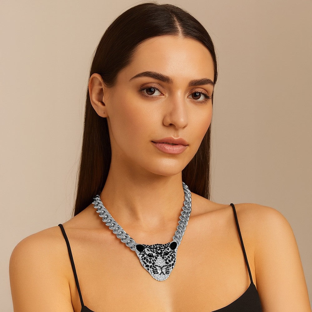 Silver Crystal Cheetah Leopard Head Statement Necklace – Chunky Cuban Link Chain